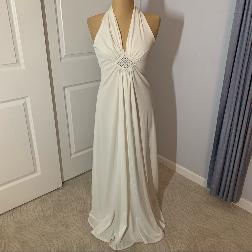 Womens Vintage White Halter Neck Silver Sequence White Maxi Dress